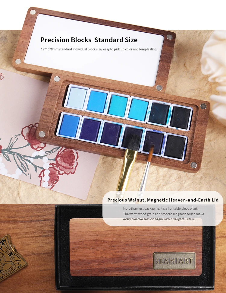 SeamiArt 12-Farben-Gletscherblau-Töne Professionelles Festes Aquarellfarben-Set mit Walnuss-Malbox-Palette für Kunstbedarf – Detail 5