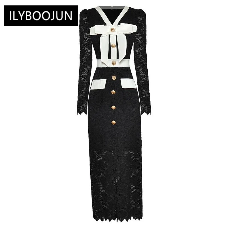 Women's Dress Bowknot V neck Long sleeve Lace Single breasted Sexy