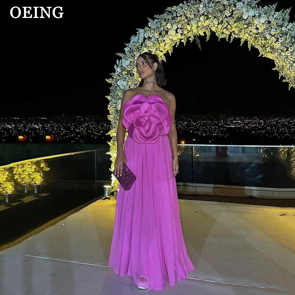 

OEING Fuchsia Dubai Arabic Women Evening Dresses Elegant 3D Flowers Strapless Pleats Sexy Prom Gowns Simple Party Dress 2024