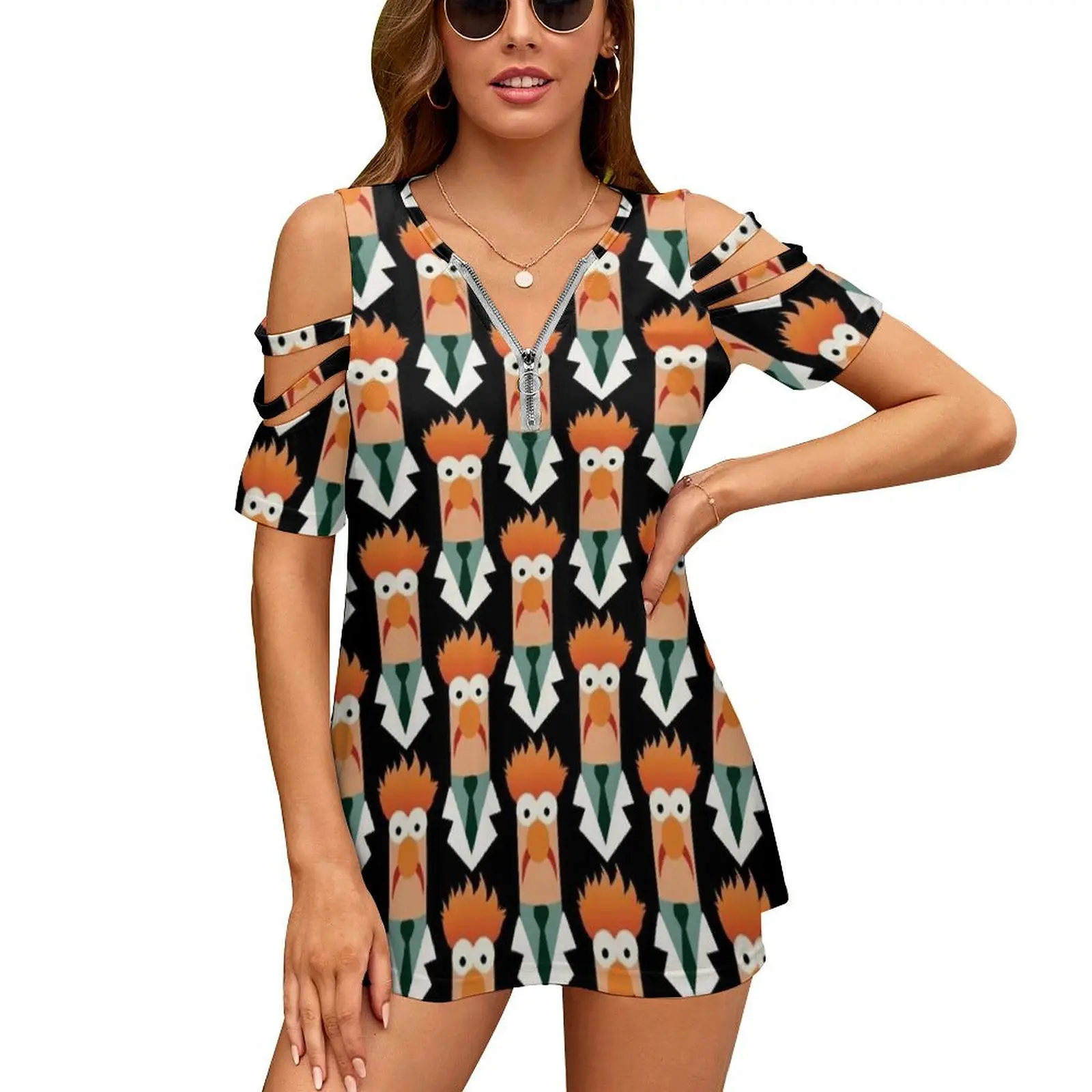 Becher T-Shirt Da Donna Estate Moda Stampa Floreale Scollo A V Cerniera Tshirt Pullover Cavo Signore Top Becher Scienza Sesamo Street