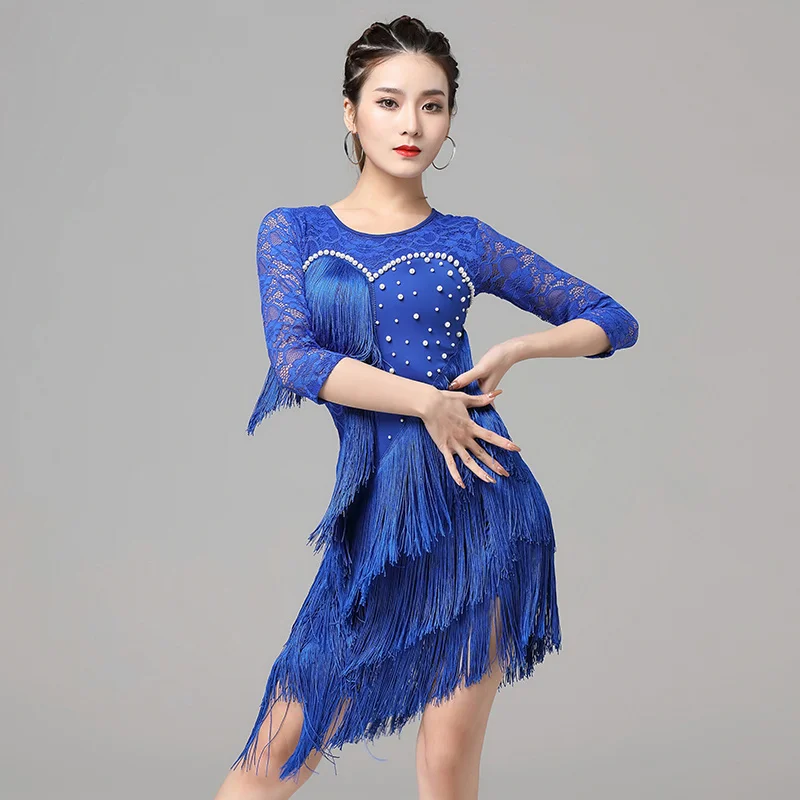 

Women Dance Clothes Ballroom Dress Samba Pearls Costume Party Tassels Dresses Stretchy One-piece Fringes Latin Dress Lace