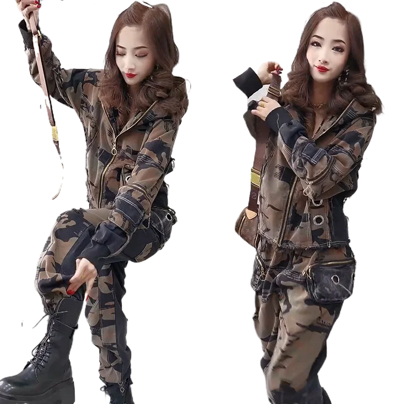 Autumn New Camouflage Denim Suit Women's 2023 Large Size Casual Fashionable Slimming High-end Elegant Two-piece Set