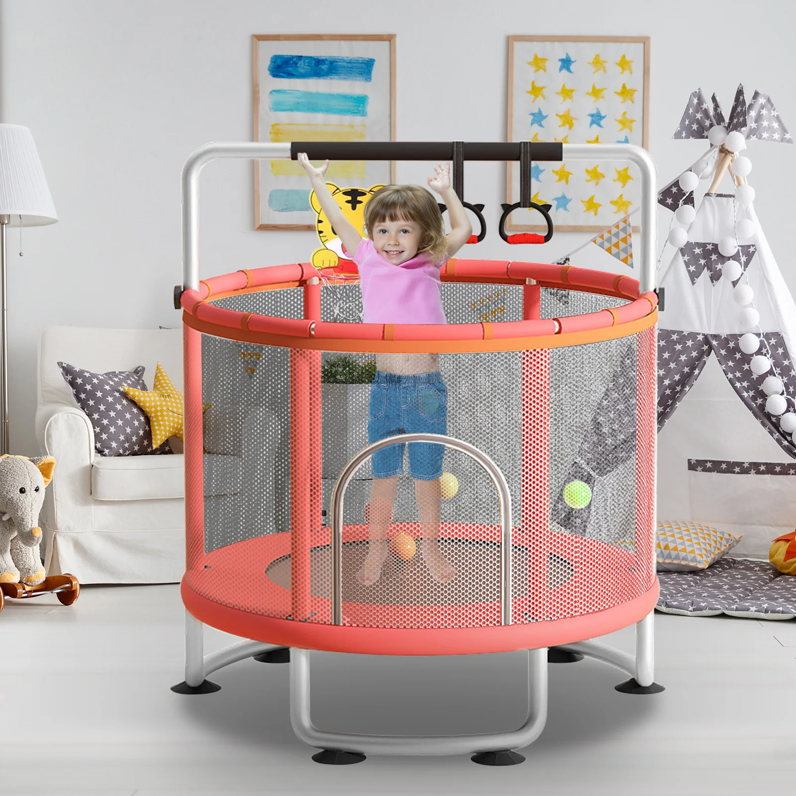 Kids Trampoline Adjustable Baby Toddler Trampoline with Basketball Hoop, Swing, Sandbag, Ocean Balls, Enclosure Net 4