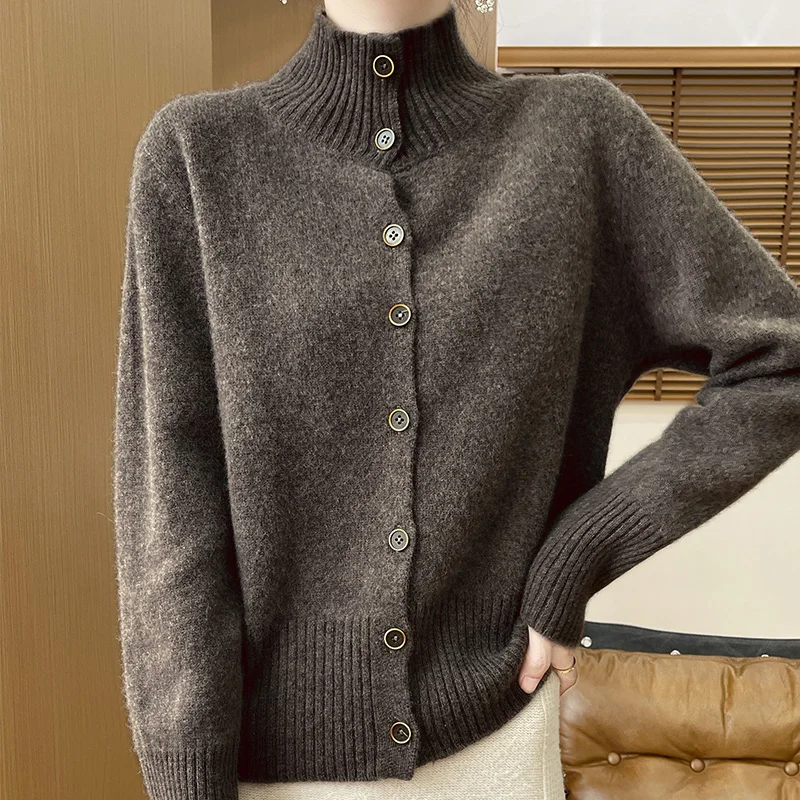 Women's Clothing Hot Sales 100% Merino Wool Women's Cardigan 2024 Autunmn/Winter New Stand Collar Cashmere Knit Sweater Jacket 3