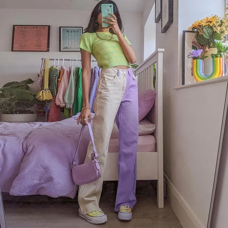 Female Harajuku Fashion Patchwork High Waist Pants Punk Aesthetic Wide-leg Straight-leg Jeans Harajuku Y2k Gothic Summer Pants