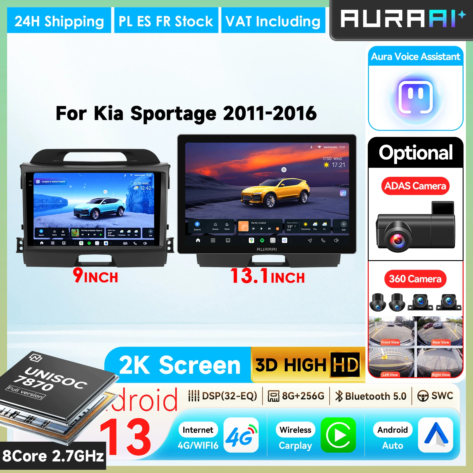 Radio para coche AURAAI 2K inalámbrico con CarPlay y Android para KIA Sportage III 2010-2016, reproductor multimedia de vídeo, navegación GPS, estéreo, ADAS, cámara 360, RDS, DSP, Bluetooth, 3D, 7870, pantalla inteligente con IA. 1