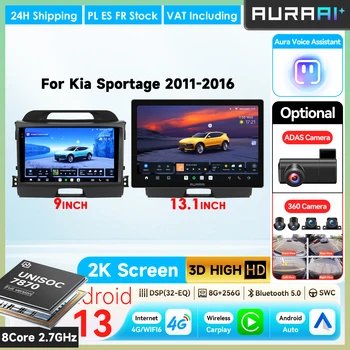 Radio para coche AURAAI 2K inalámbrico con CarPlay y Android para KIA Sportage III 2010-2016, reproductor multimedia de vídeo, navegación GPS, estéreo, ADAS, cámara 360, RDS, DSP, Bluetooth, 3D, 7870, pantalla inteligente con IA. 1