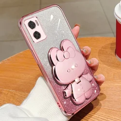 Charming Rabbit Makeup Mirror Bracket Shockproof Phone Case for MOTO G52 2022 (Pink)