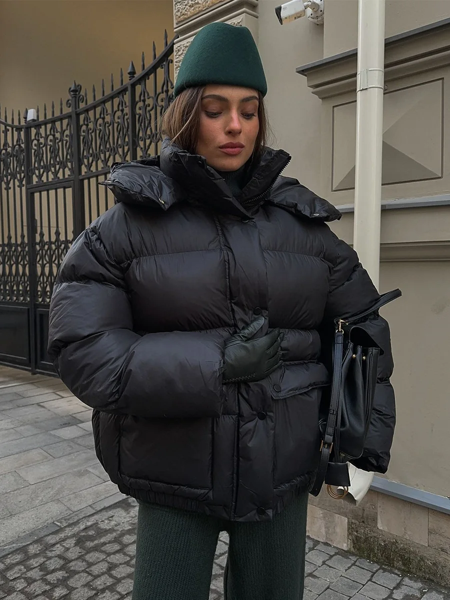 Bornladies Women's New Winter Black Parkas Fashionably Simple Cotton Padded Jacket Square Pocket Warm Hooded Outerwear