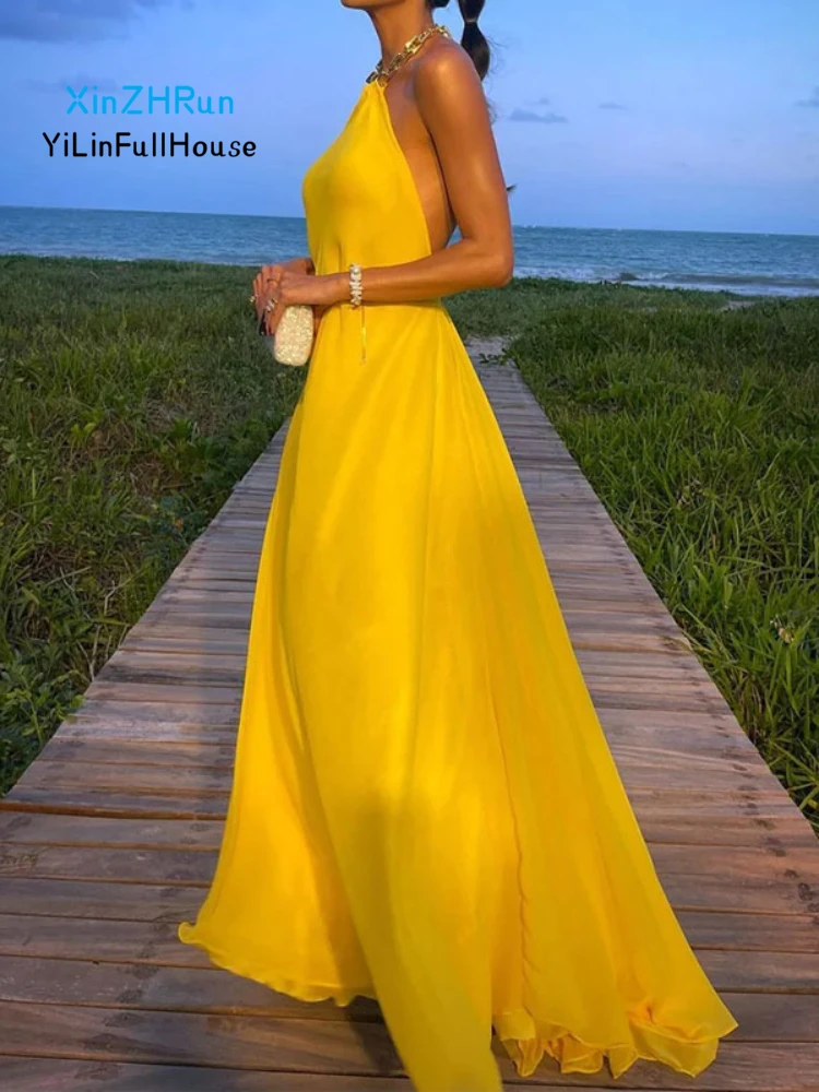 

2024 New Summer Women Fashion Sexy Solid Color Sleeveless Backless Decorative Chain Hanging Neck Womens Elegant Party Dresses