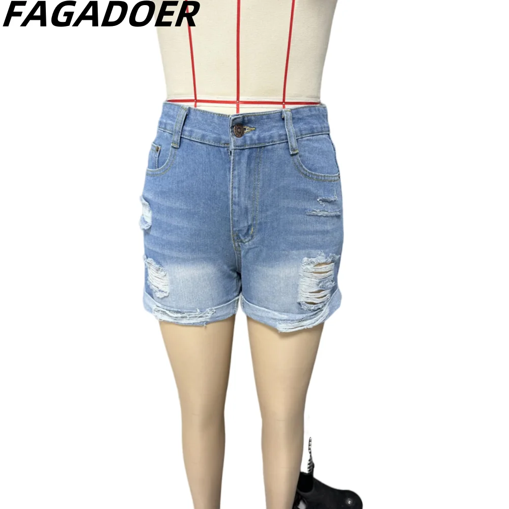 FAGADOER Summer Hole Denim Shorts Women High Waisted Button Pocket Jean Casual Female Solid Matching Cowboy Bottoms Streetwear