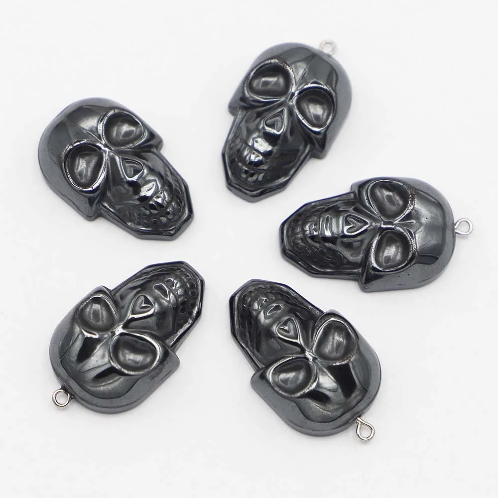 Nature Stone Hematite Skull Pendant Hip Hop Punk Bead Fashion Charm Metal Diy Necklace Women Men Making Jewelry Accessories 8Pcs