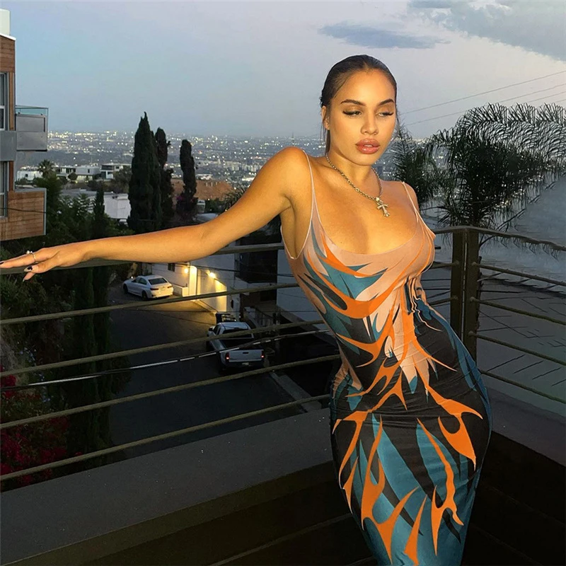 

Женское длинное летнее платье, сексуальное, с вырезами на бретельках, с открытой спиной, приталенное, с принтом, одежда из спандекса, акция, 2023, Новинка