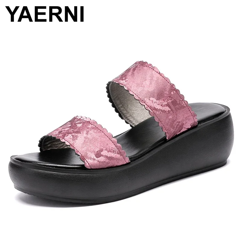 

YAERNI women slipper ladies summer slippers shoes women wedges heels fashion summer genuine leather shoes platform