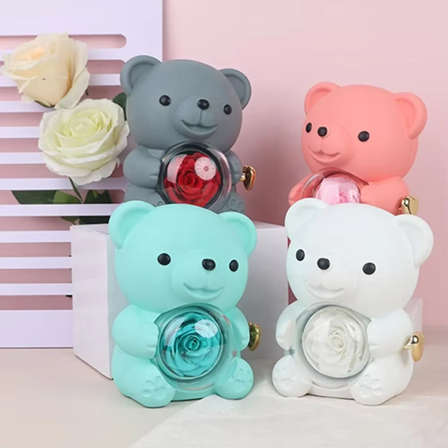 Valentines Day Gift Rose Bear Jewelry Necklace Rings