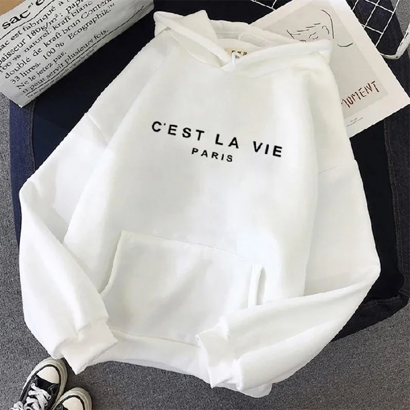 Women's casual printed loose hoodie spring long sleeved hooded sweatshirt Harajuku simple men's and women's top lazy style pullo