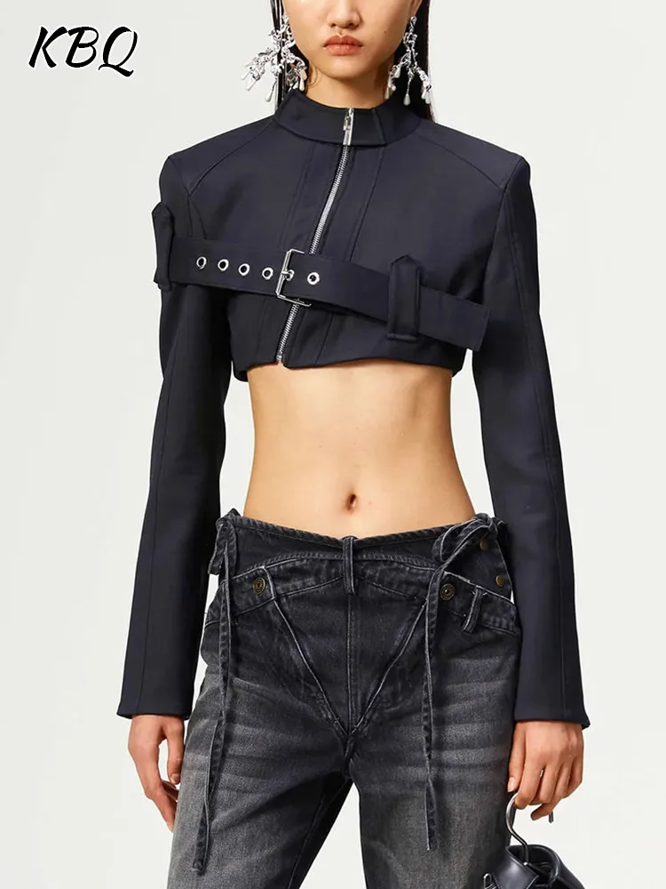 

KBQ Patchwork Belt Streetwear Irregular Jacket For Women Stand Collar Long Sleeve Spliced Zipper Slimming Solid Coats Female New