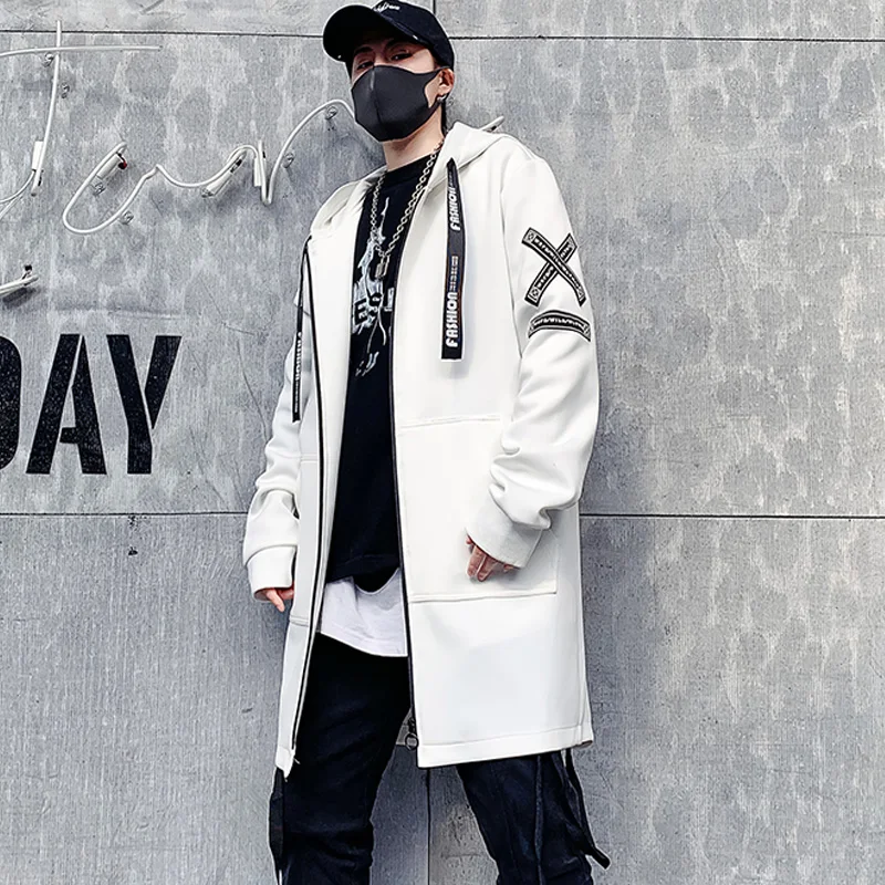 Fashion Printed Mens Trench Coat Hooded Harajuku Windbreaker