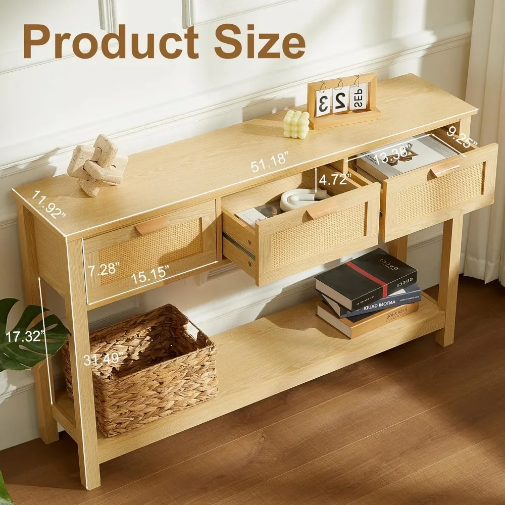 Rattan Console Table, Boho Entryway Table with Storage, Narrow Long Sofa Table with Open Shelf 4