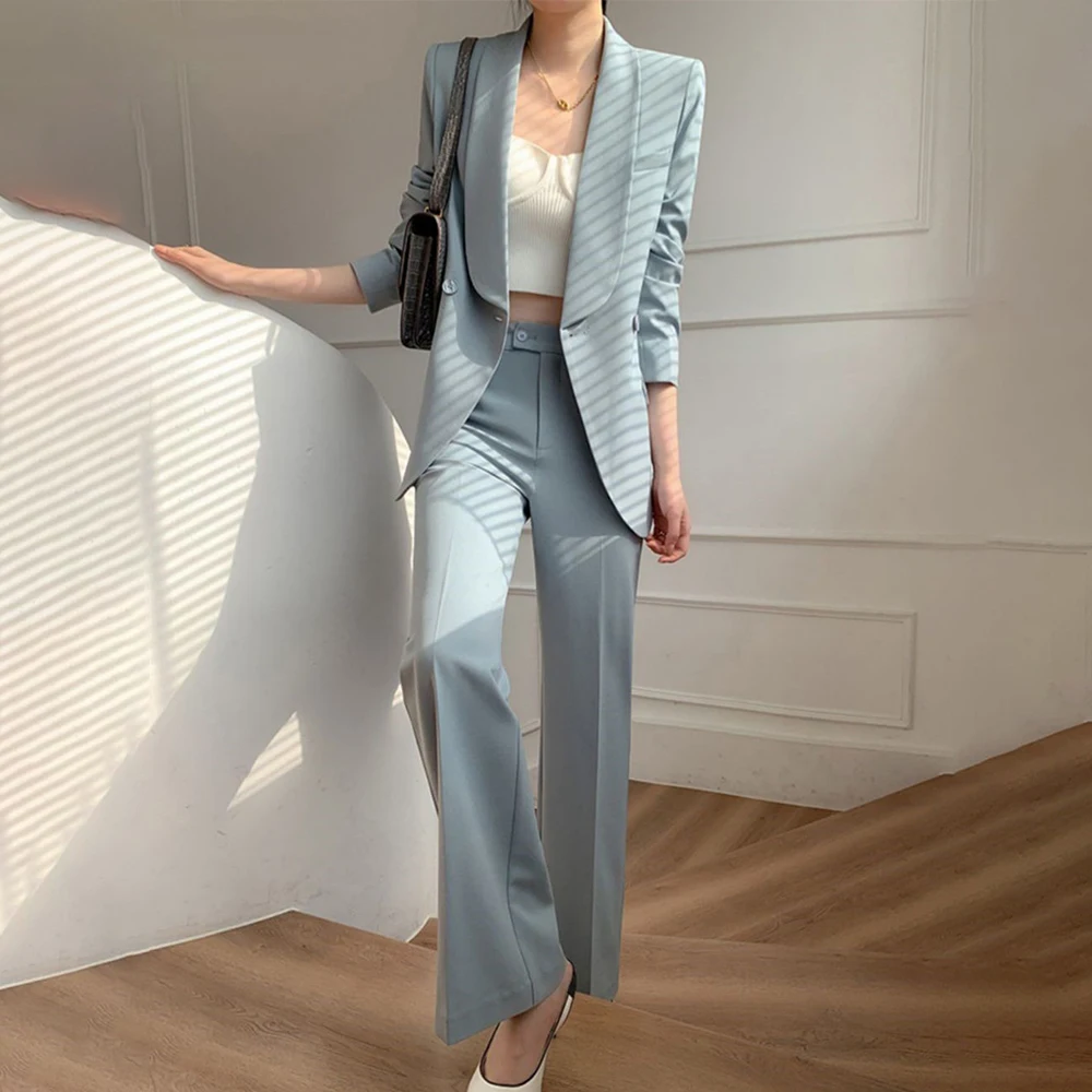 Fashion Slim Women 2 Pcs Blazer Set Business Long Sleeve Jackets & High Waist Pants Duble Breasted Office Ladies Trousers Suits