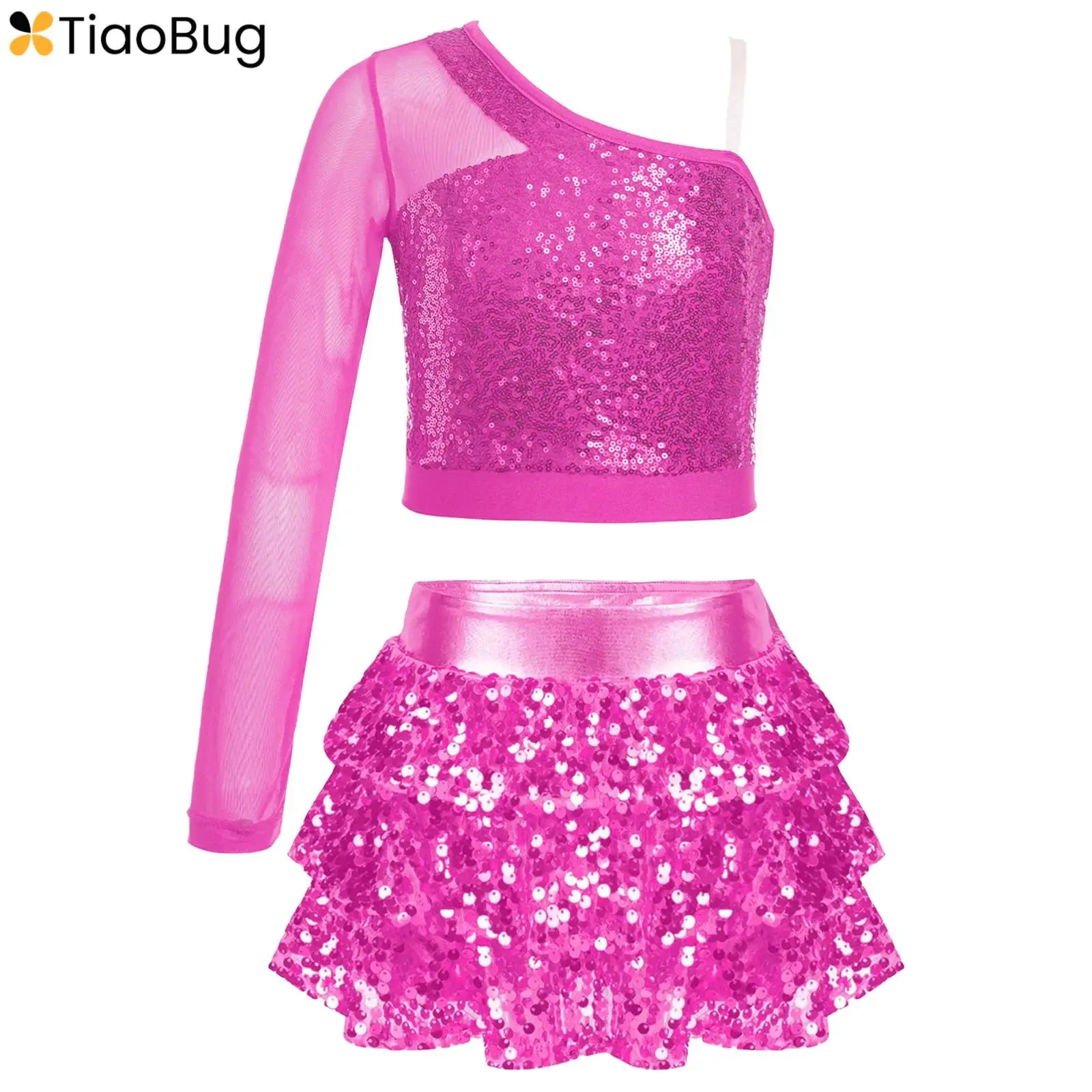 

Kids Girls Sequin Metallic Crop Top with Skirt Set Jazz Latin Ballet Dance Outfits 2 Piece Performance Costume Dancewear