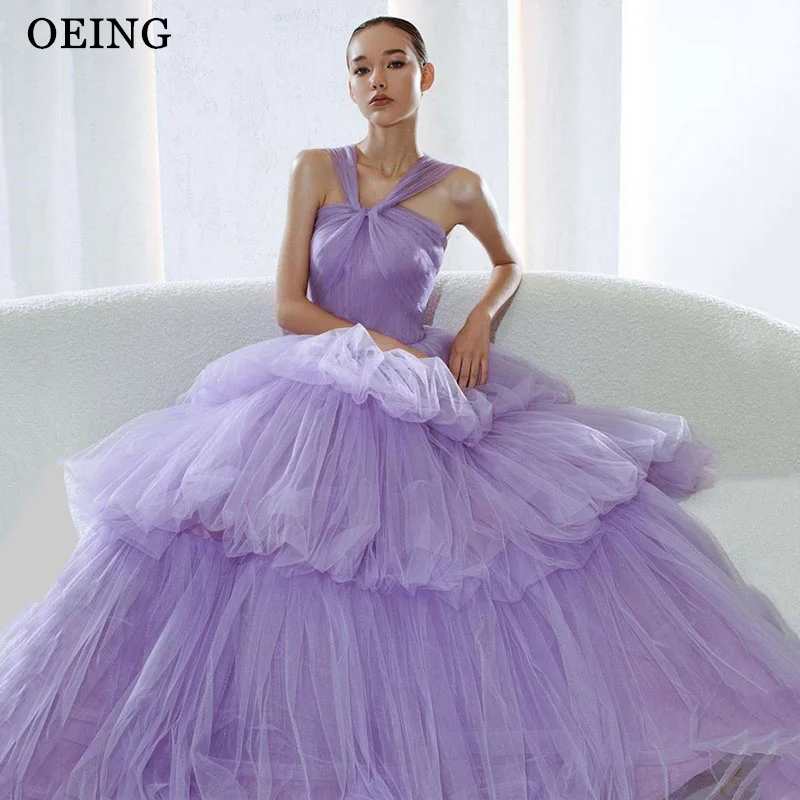 

OEING Elegant Lavender Tulle Tiered A Line Prom Dresses For Wedding Party Floor Length Evening Gowns Suspender Formal Dress