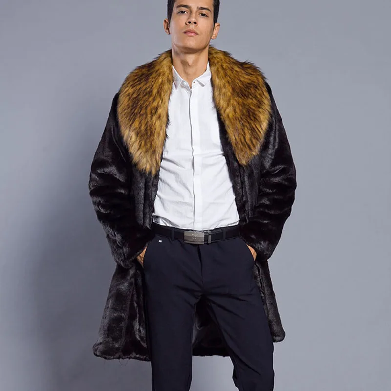 Autumn Winter Men Mid-length Faux Fur Coat Thick Warm Long Sleeve Trench Coat Slim Business Casual Coat Brand Jackets Plus Size