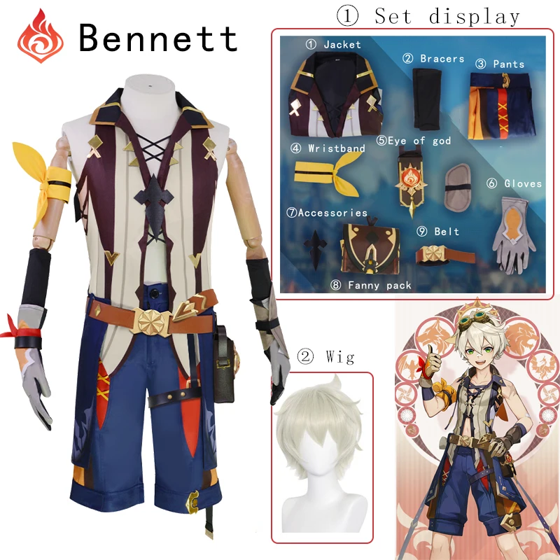 

Костюм для косплея аниме Genshin Impact benнет, костюм для игры в аниме, мужская униформа, костюмы для Хэллоуина и вечеринки, полный комплект, парик, обувь, очки