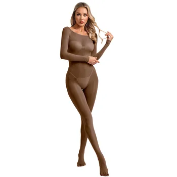 Women Glossy Sheer Jumpsuits Skinny Leotards Full Bodysuit Unitards Off Shoulder Long Sleeve Bodystockings One-piece Nightclub