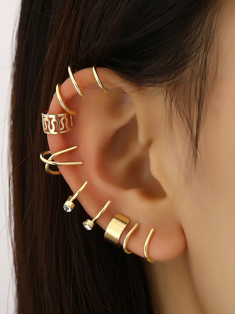 Ear clip earrings clip earrings ear clip ear accessories 12 Pieces Vintage Gold Silver color Ear clip earrings set Crystal Non-piercing ear cuff Hollow Women trendy jewelry