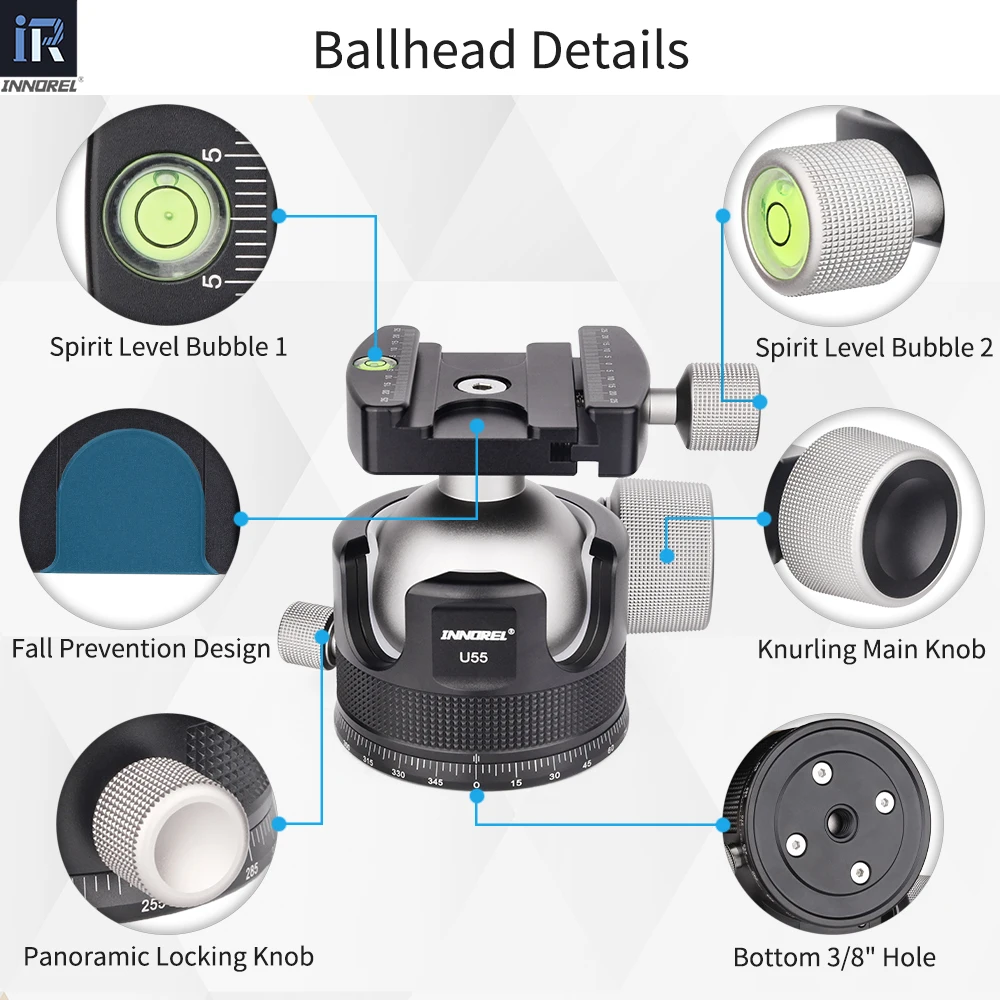 INNOREL U44/U55 Low Profile Camera CNC Metal Heavy Duty 360 Panoramic Tripod Ball Head, for Tripod Monopod DSLR Camera Camcorder