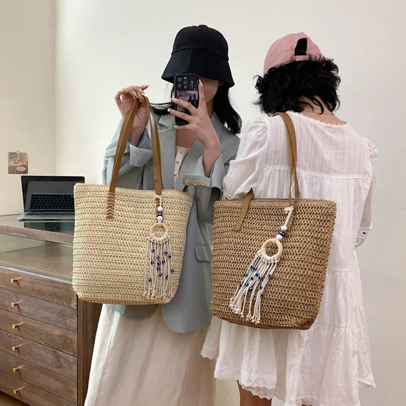 Summer Fashion Retro Straw Weaving Large Shoulder Bag Hand-Woven Women's Crochet Beach Tote Handbag with Tassel 2025