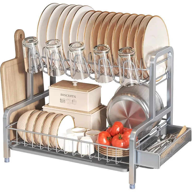2 Tier Dish Drying Rack and Drainboard Set, Large Stainless Steel Dish Drainers for Kitchen Counter, Strainer Shelf