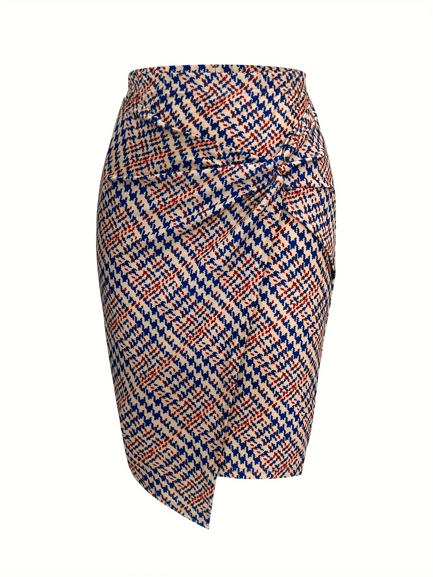 Women's Houndstooth Print Pencil Skirt | Twisted Knot Midi Skirt with Asymmetrical Hem 2