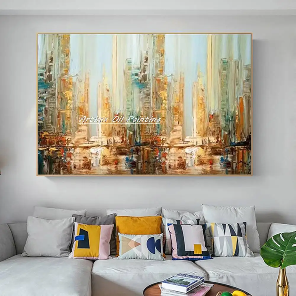 

Arthyx,Handmade Thick Texture City Landscape Oil Paintings On Canvas,Modern Abstract Art Wall Picture For Living Room,Home Decor