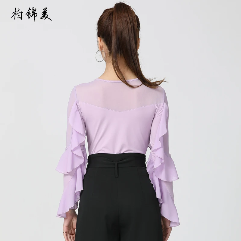 Dance Shirts Women Modern Latin Dance Ruffled Long Sleeve Body National Standard Performance Friendship Practice