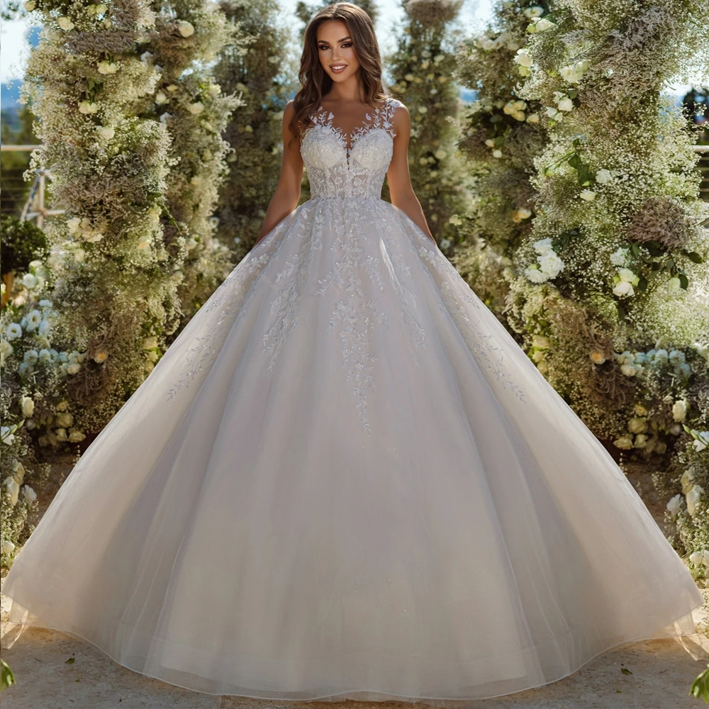 

Elegant Ball Gown Wedding Dresses 2024 Sleeveless Beading Pearls Lace applique Illusion Neck Bridal Skirts Vestido De Noiva