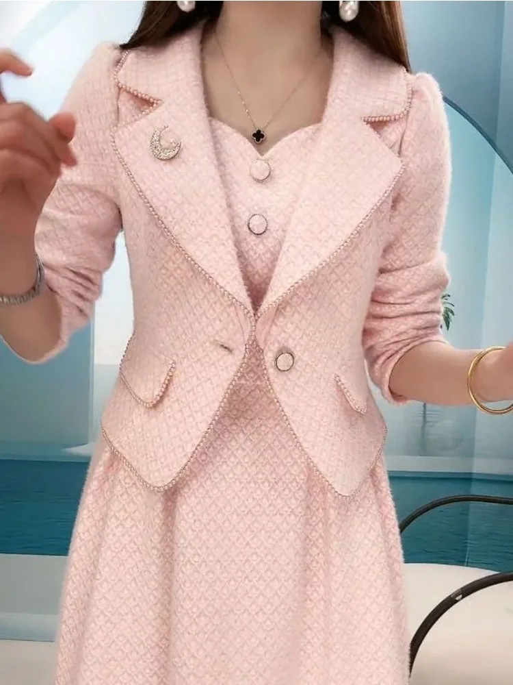 

Insozkdg New Arrival Autumn Winter Office Ladies Formal Jacket and Skirt Suit Elegant Women Pink Apricot Two Piece Set Blazer