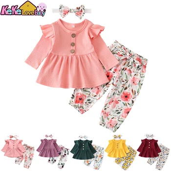 Set di vestiti per neonata solido maglia manica lunga top stampa floreale pantaloni fascia 3 pezzi abiti abbigliamento Casual per neonati