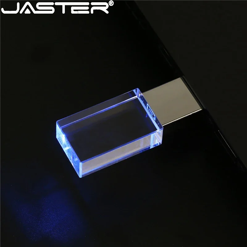 Jaster-crystal Usb Flash Drives Memory Stick Pen Drive Led Azul Gravação a Laser 3d Presentes de Casamento Criativos Disco u 32gb 64gb 128gb