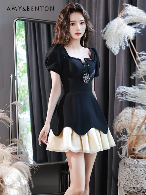 

High-Grade Elegant Hepburn Style Black Dress Women Summer New Elegant Socialite Heavy Industry Beads Patchwork Slim Mini Dress