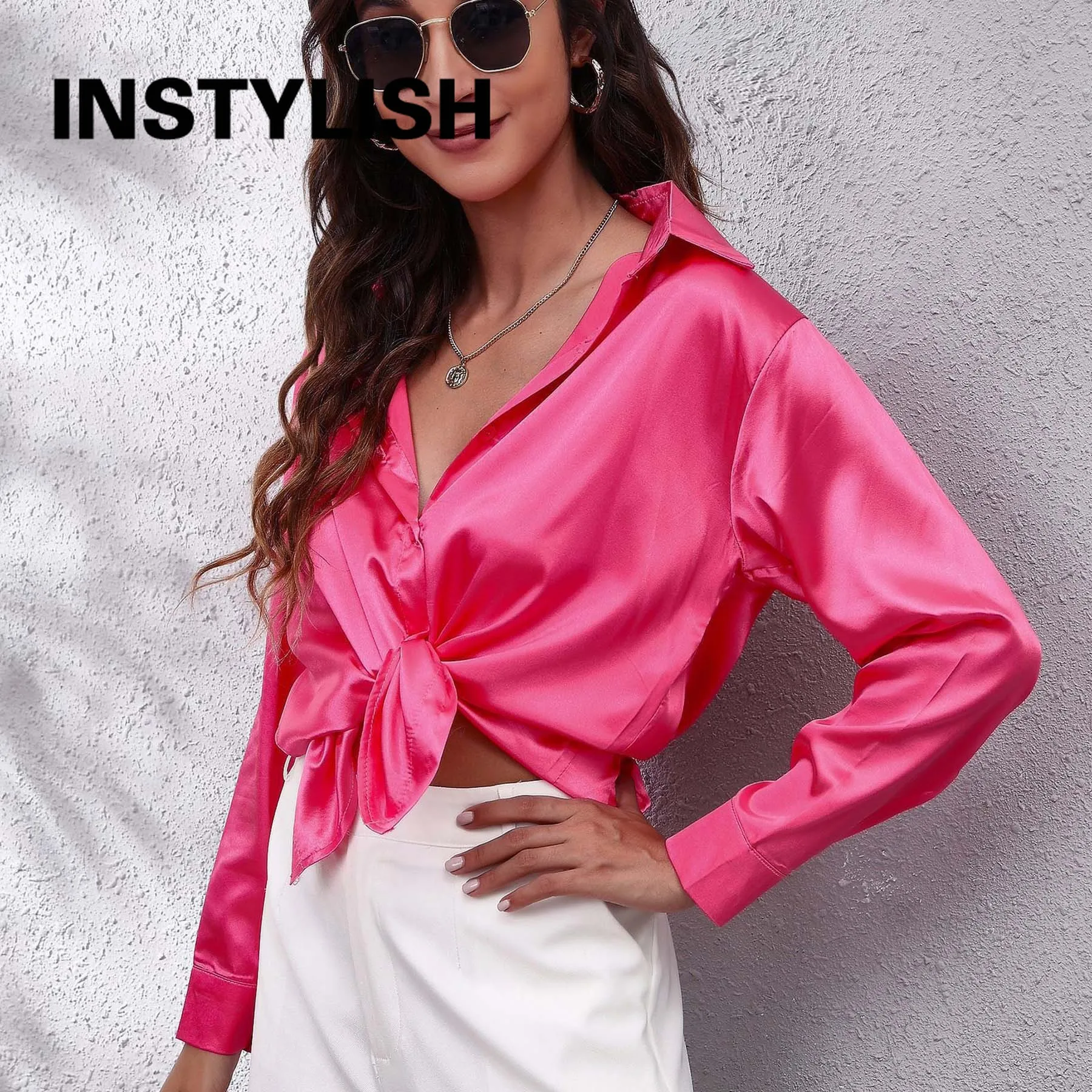 Women Elegant Satin Shirt Casual Long Sleeve Fake Silk Blouse Spring Summer Office Lady Tops Female Simple All Match Clothing 6