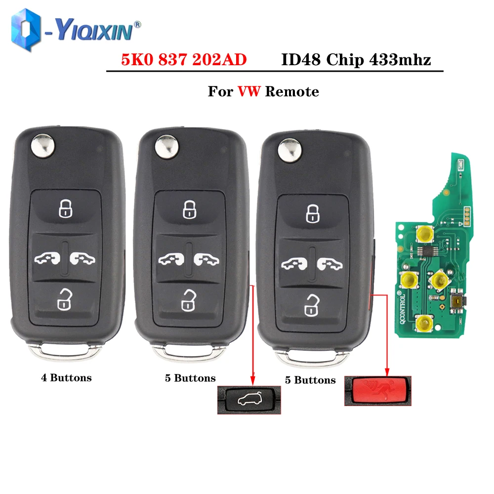 YIQIXIN 4/5 Buttons Smart Flip Car Control Key 5K0837202AD For VW Sharan Multivan T5 Caravelle 433mhz ID48 Chip Auto Remote Case yiqixin 434mhz flip car key id48 chip for audi a3 a4 a2 a6 a5 b8 s3 s4 tt cabrio quattro avant universal 8p0837220d q k remote