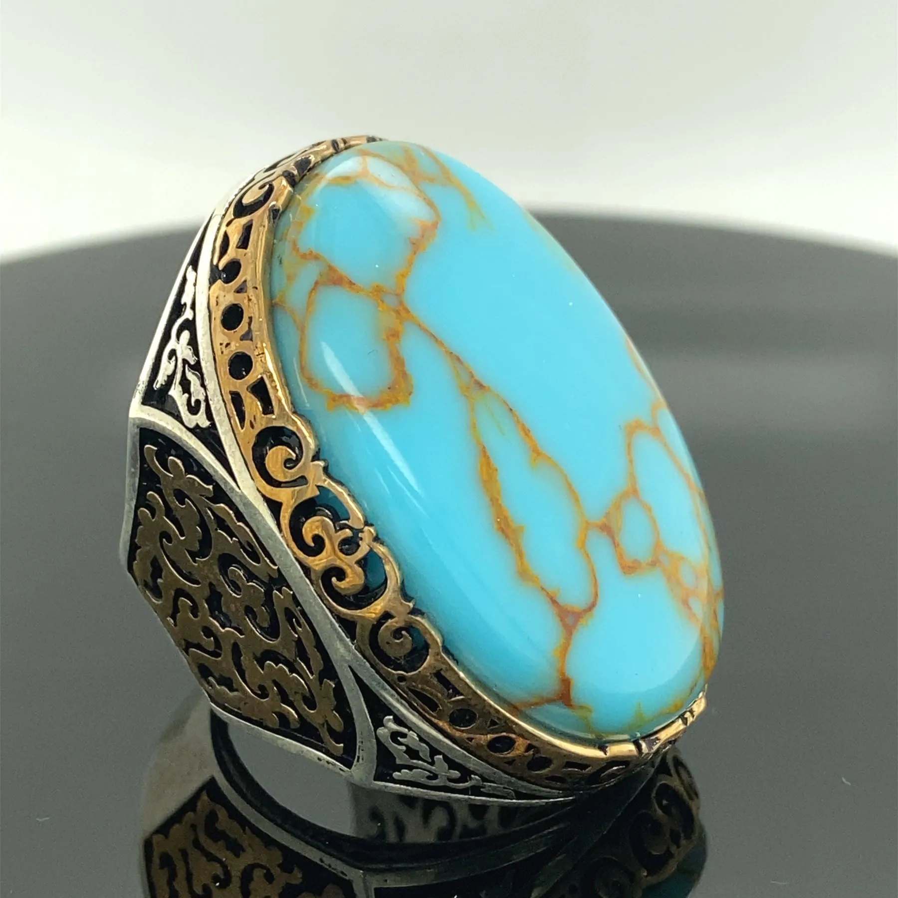 

Mens Handmade Ring , Big Oval Turquoise Ring , Oval Gemstone Ring , Ottoman Jewelry , Modern Sterling Silver Ring