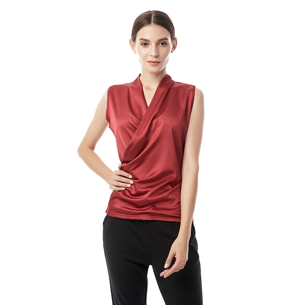 New Smooth Satin Female Sleeveless Blouse V-neck Top Slim Fit Outside Shirts