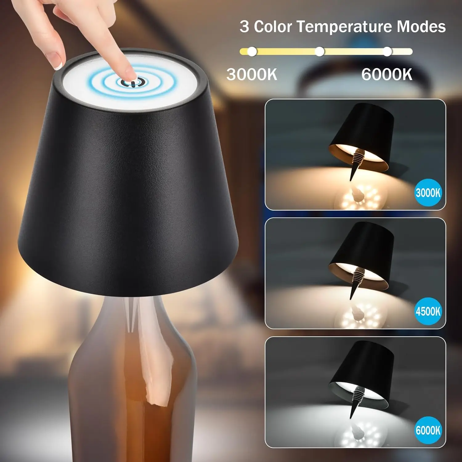 Wireless Bottle Table Lamp Touch Control of Colors and Stepless