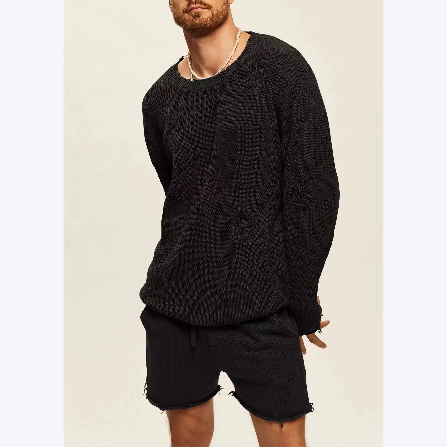 

Spring Autumn New Sweater Sportswear Set Men's Loose Vintage Hole Long Sleeve Knit Tops And Shorts Two Piece Suits For Male