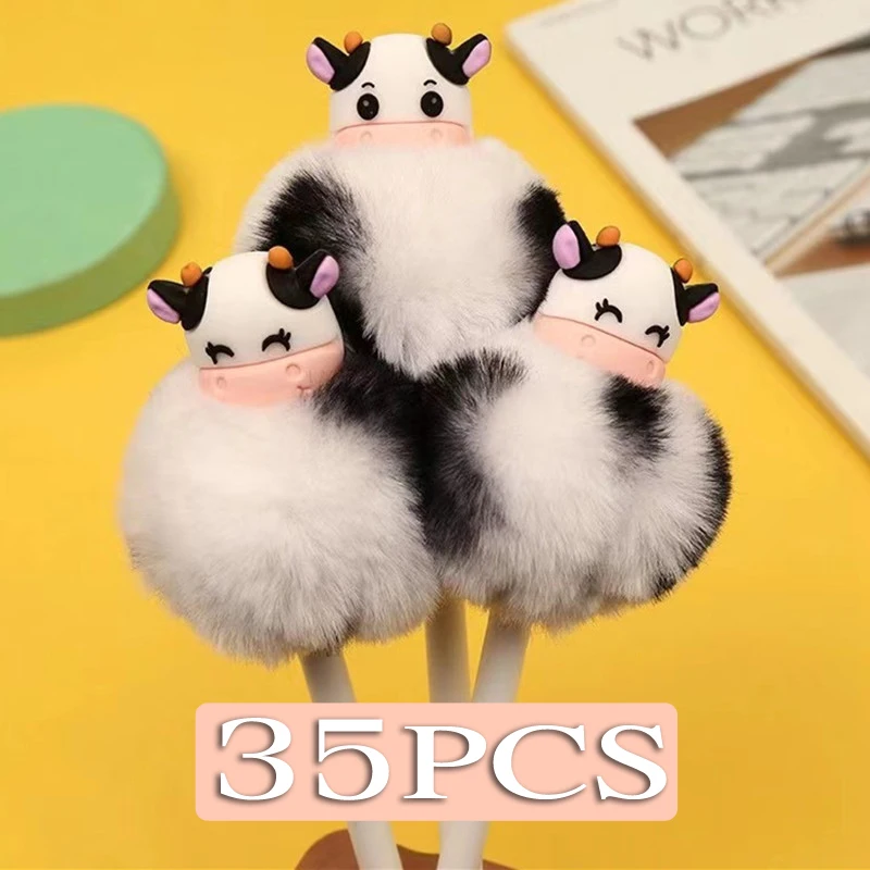 

35Pcs Cute Cow Silicone Fur Ball Gel Pen Cartoon Cute Pet Animal Plush Ball Writing Pen