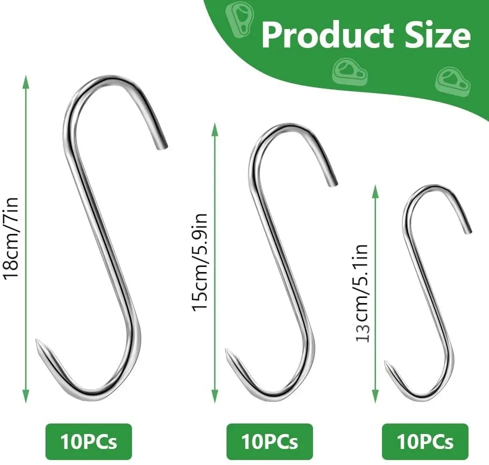 10Pcs 매달려 고기 스테인레스 스틸 날카로운 프롱 S-후크 바베큐 돼지 고기 소시지 베이컨 햄에 대한 헤비 듀티 정육점 가공 옷걸이