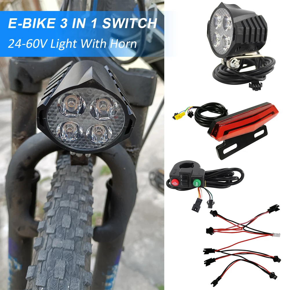 

Electric Bike Headlight and Tail Light Sets E-Bike Bicycle 24/36/48V/60V Front Rear Warning Lights LED Night Headlight with Horn